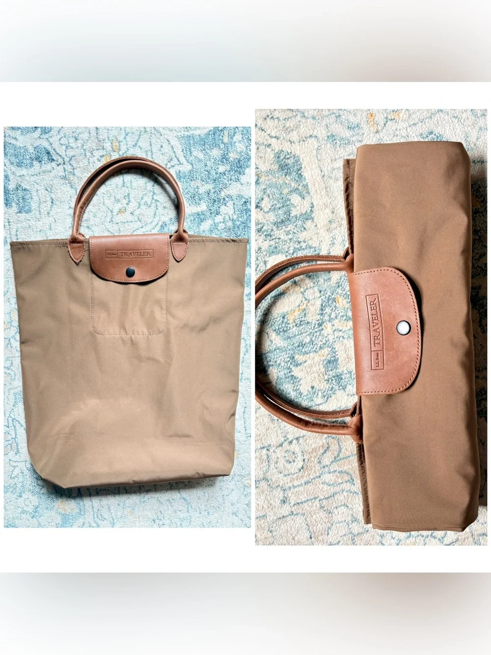 L.L Bean Traveler Roll Up Nylon Bag Packable Longchamp Style Leather Casual